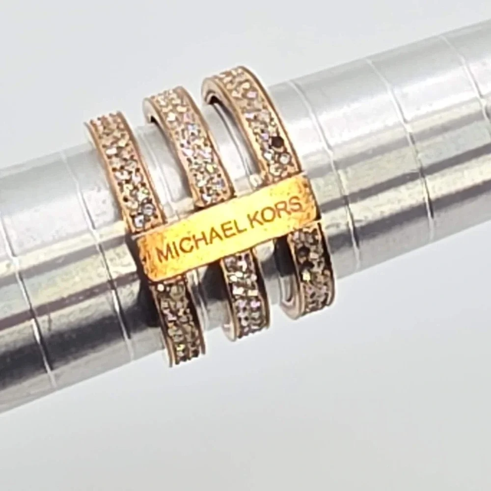 MICHAEL KORS Tri-Bar Ring Pavé Crystal Encrusted Rose Gold Tone Size 7 FREE $hip